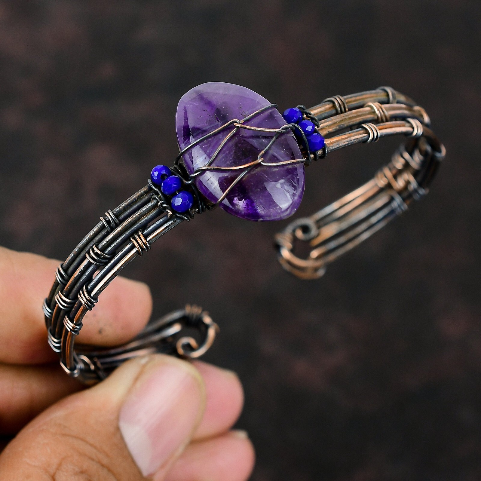 Star Amethyst Wire Wrapped Adjustable Cuff Handcrafted Copper Gift