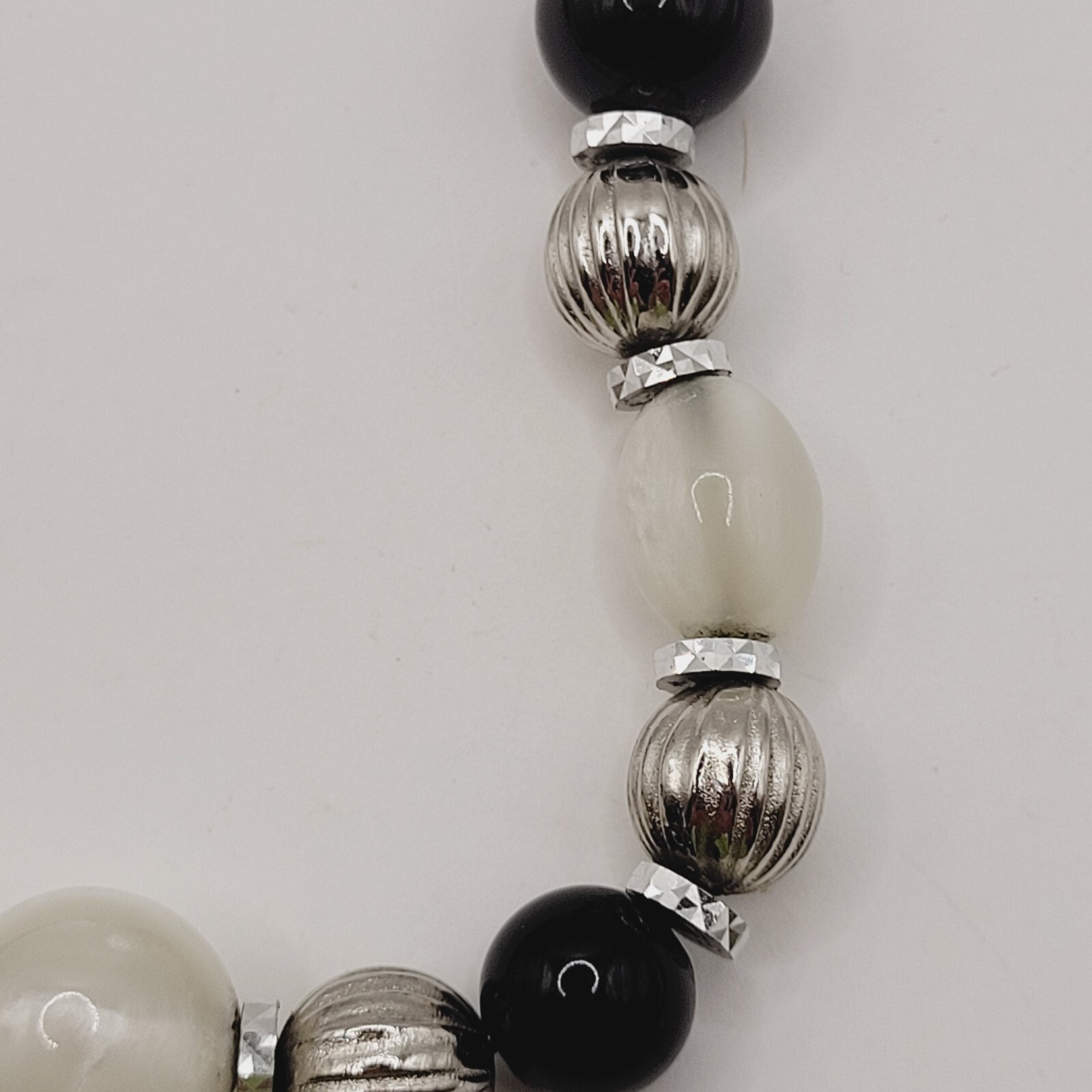 1928 Graduated Black and White Lucite Glow Beaded Necklace Silver Tone Unmarked