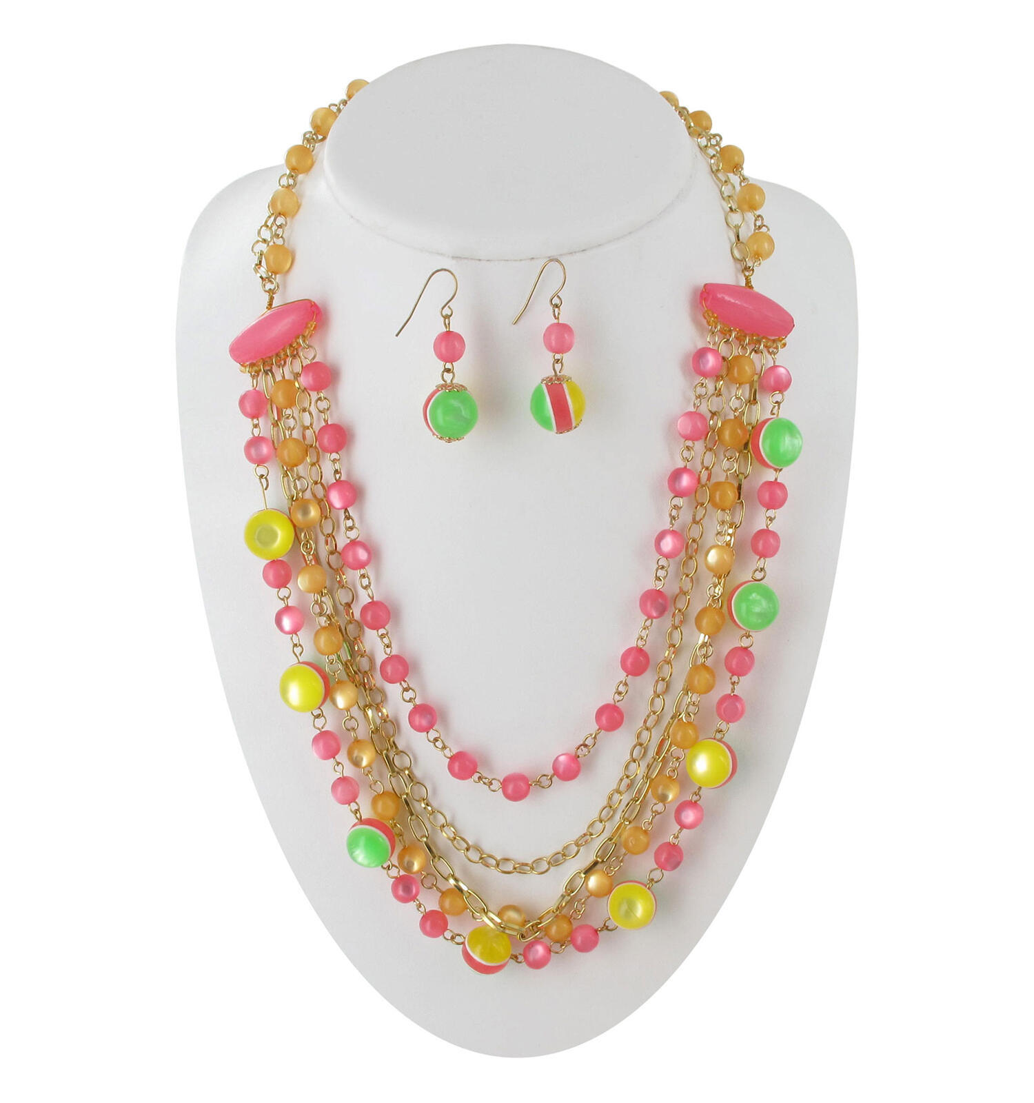 Pierced Earrings 1.75″ + Pink Candy Color Bead Layer Gold Tone Necklace Set 32″