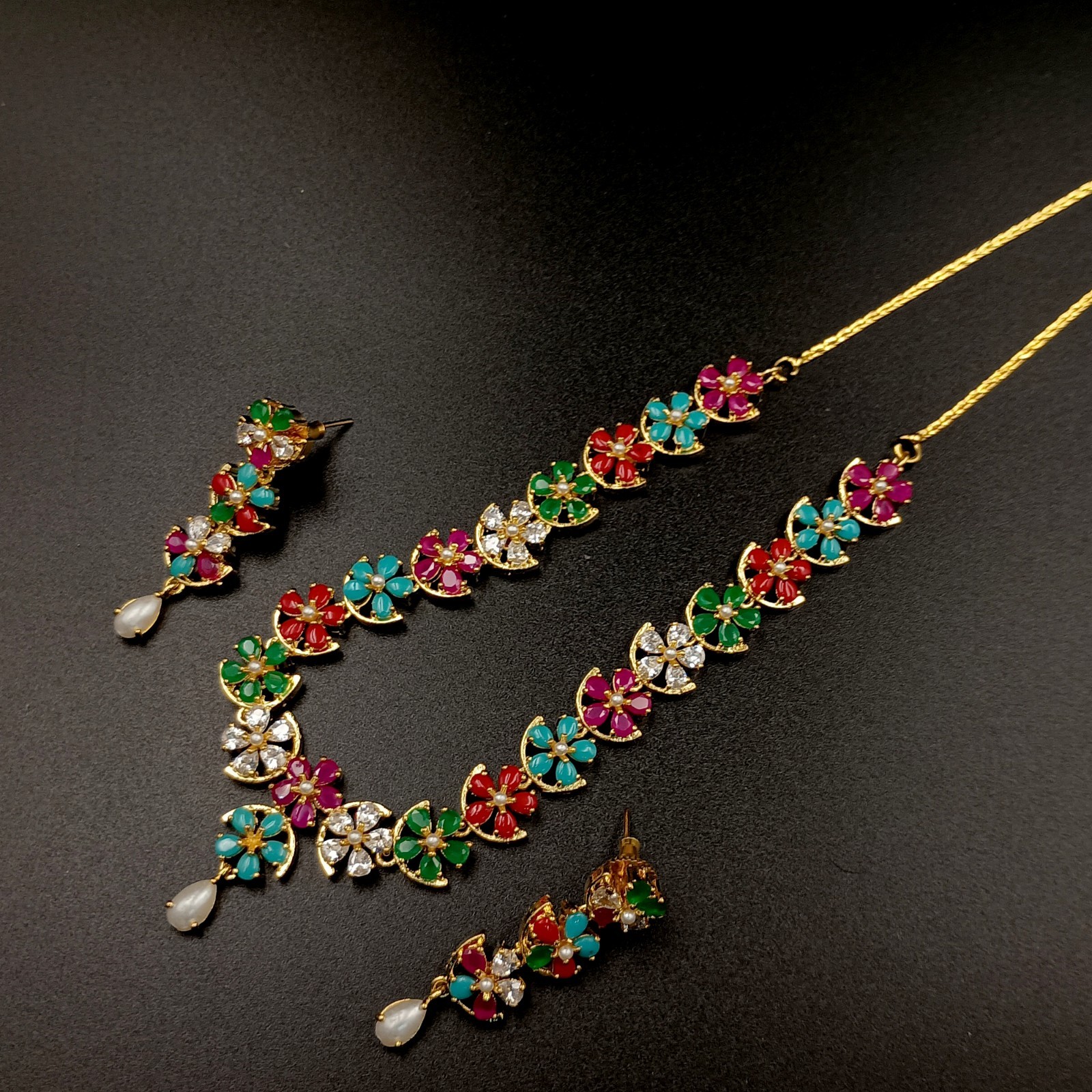 Navratan Multi Gemstone Flower Necklace Set 22K Yellow Gold Plated Bollywood Gif