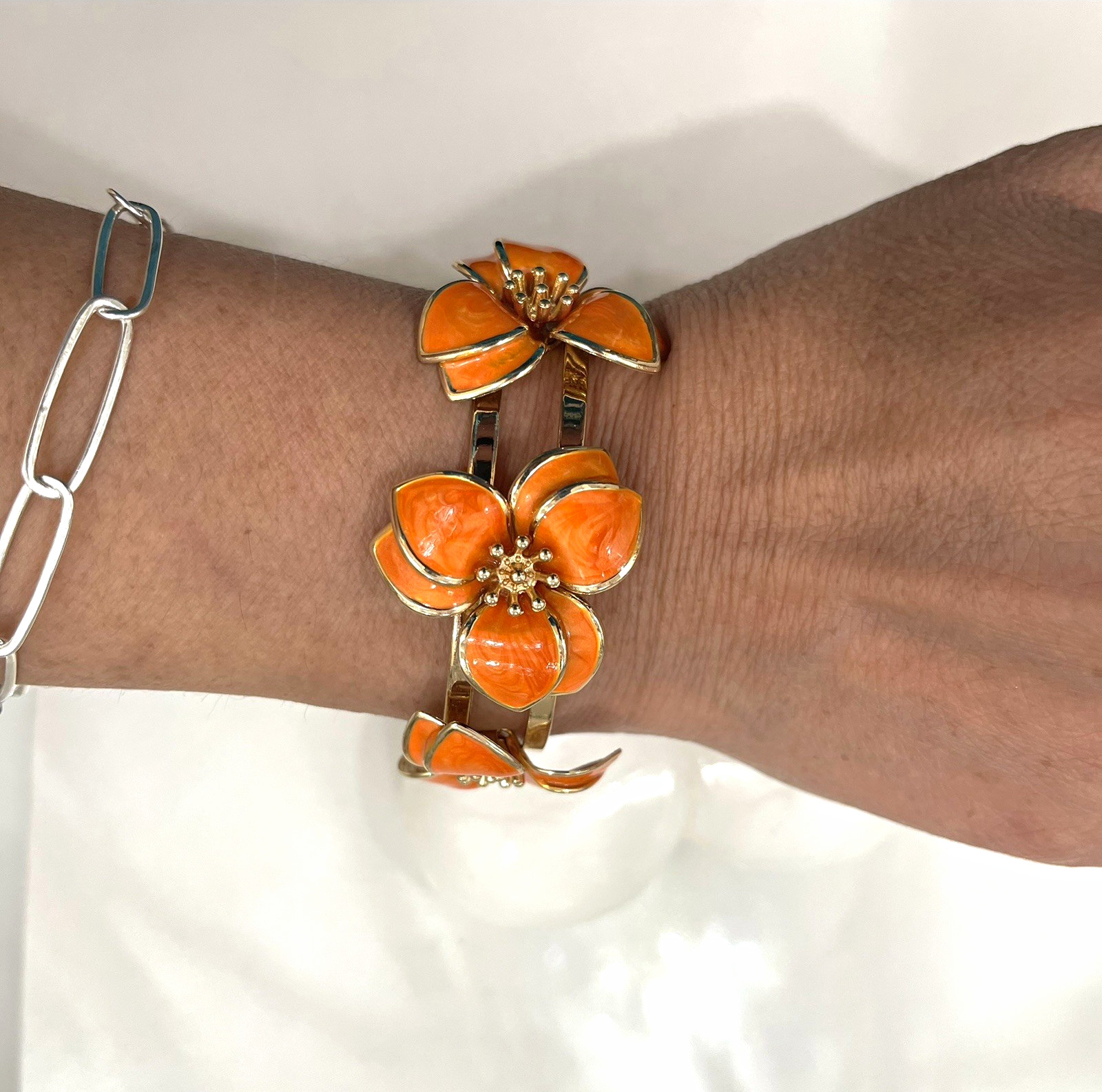 Gold Tone Orange Enamel Flower Cuff Bracelet Stackable Floral Bangle