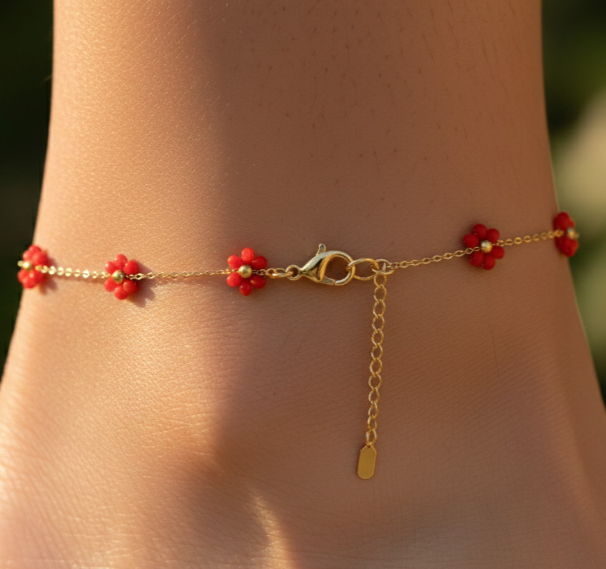 Boho Red Floral Charm Brass Anklet Gold Tone Ruby Color CZ Stone Designer Anklet