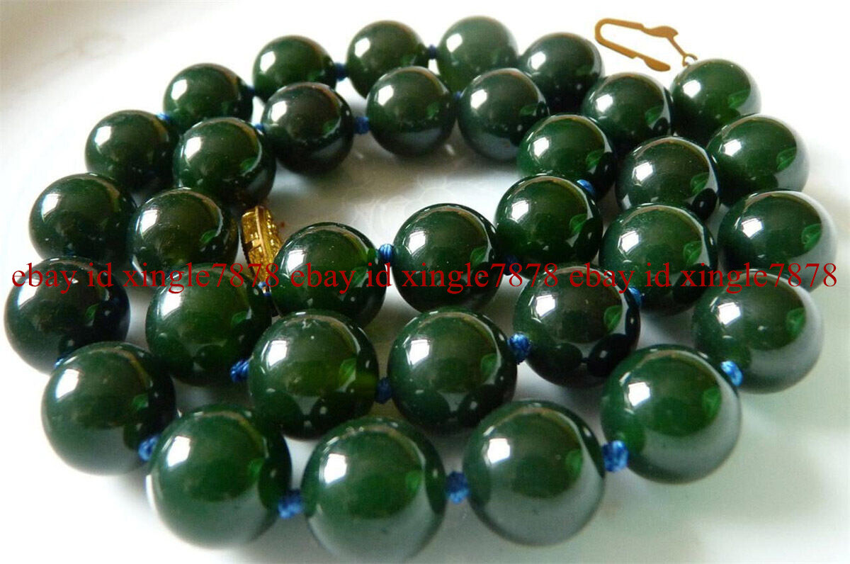 Beautiful 10mm Dark Green Jade Gemstone Round Beads Necklace 20″ AAA+