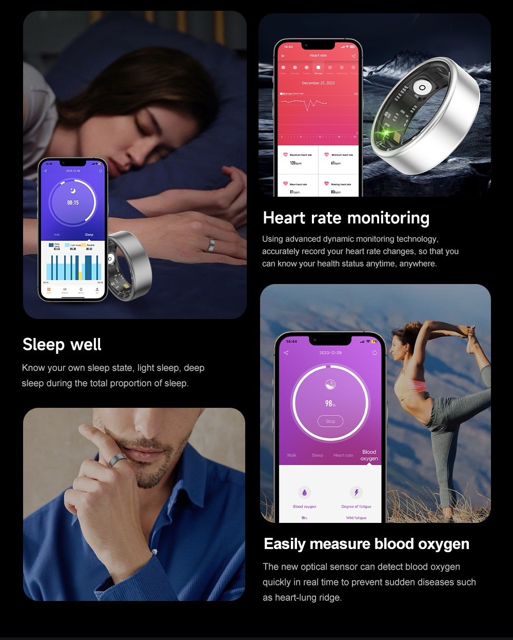 Smart Ring IP68 Waterproof Blood Oxygen Heart Rate Sleep Monitor Fitness Tracker