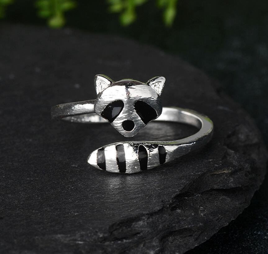 Super Adorable Cute Raccoon Silver SP Black Adjustable Ring!