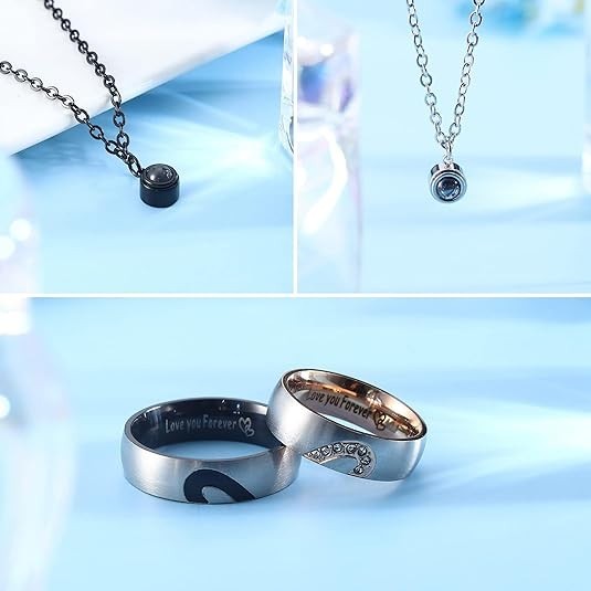 Stainless Steel Promise Couple Ring Pendant Necklace I LOVE YOU 100 Languages