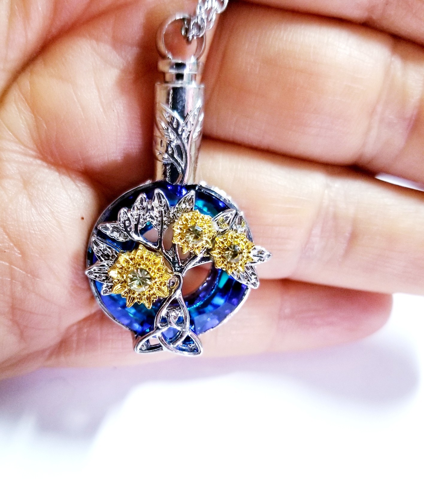 Silver Tone Urn Cremation Memorial Necklace Sunflowers Pendant for Ashes Blue
