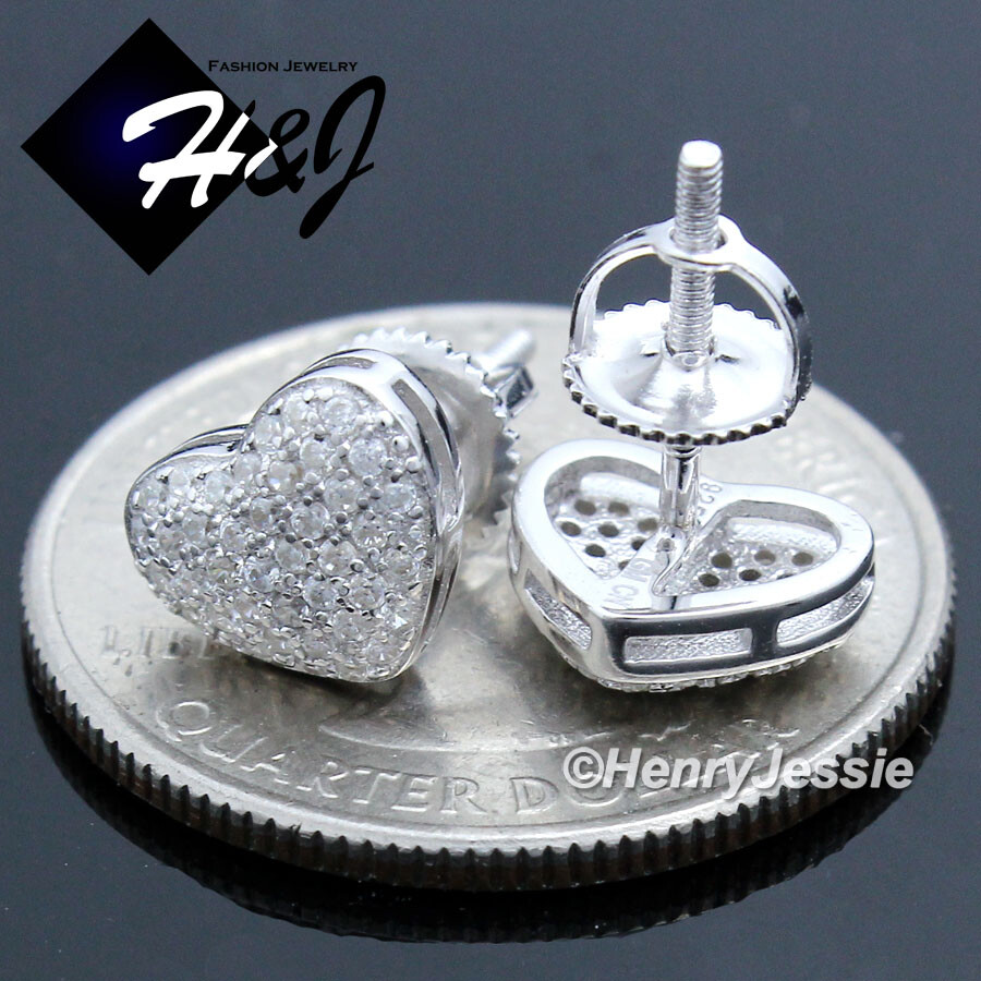 WOMEN 925 STERLING SILVER BLING CUBIC ZIRCONIA 3D HEART SHAPE STUD EARRING*E121