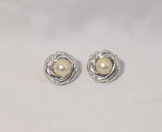 Hoops and Pearl Silvertone Studs Pierced Earrings Lot Of 3