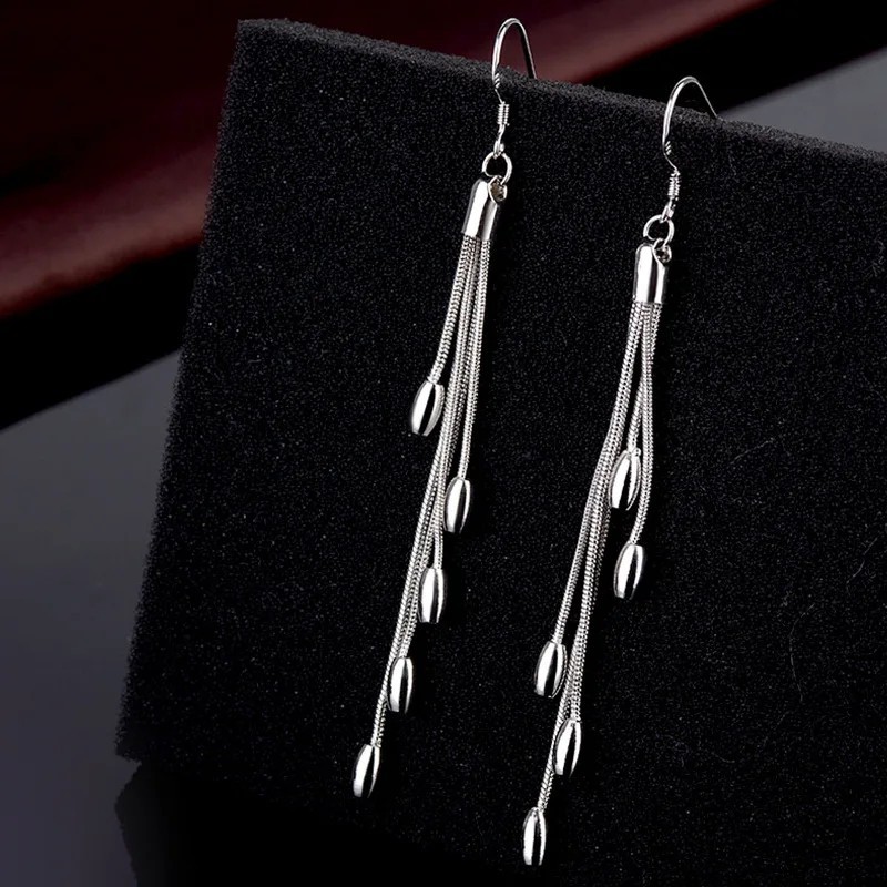 Womens 925 Sterling Solid Silver Long Tassel Drop Dangle Hook Fashion Earrings