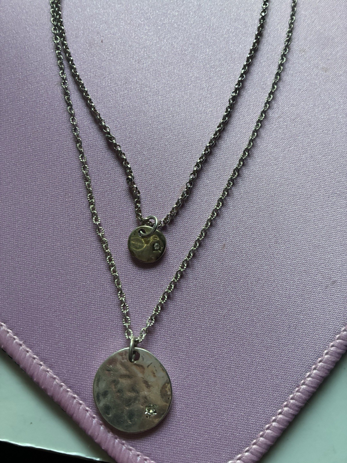 Silver-Tone Layered Double Cable Chain Necklace Round Disc Charms Signed