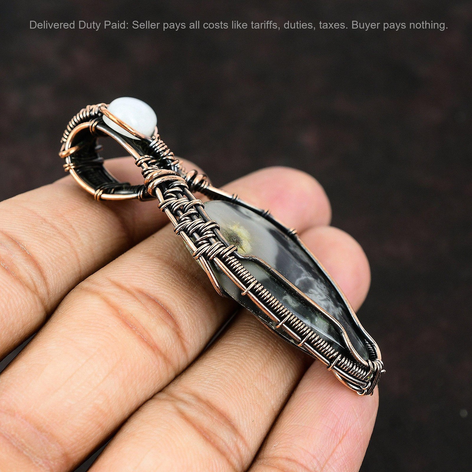 Copper Picasso Jasper Stone Rainbow Moonstone Boho Wire Wrapped Pendant Jewelry