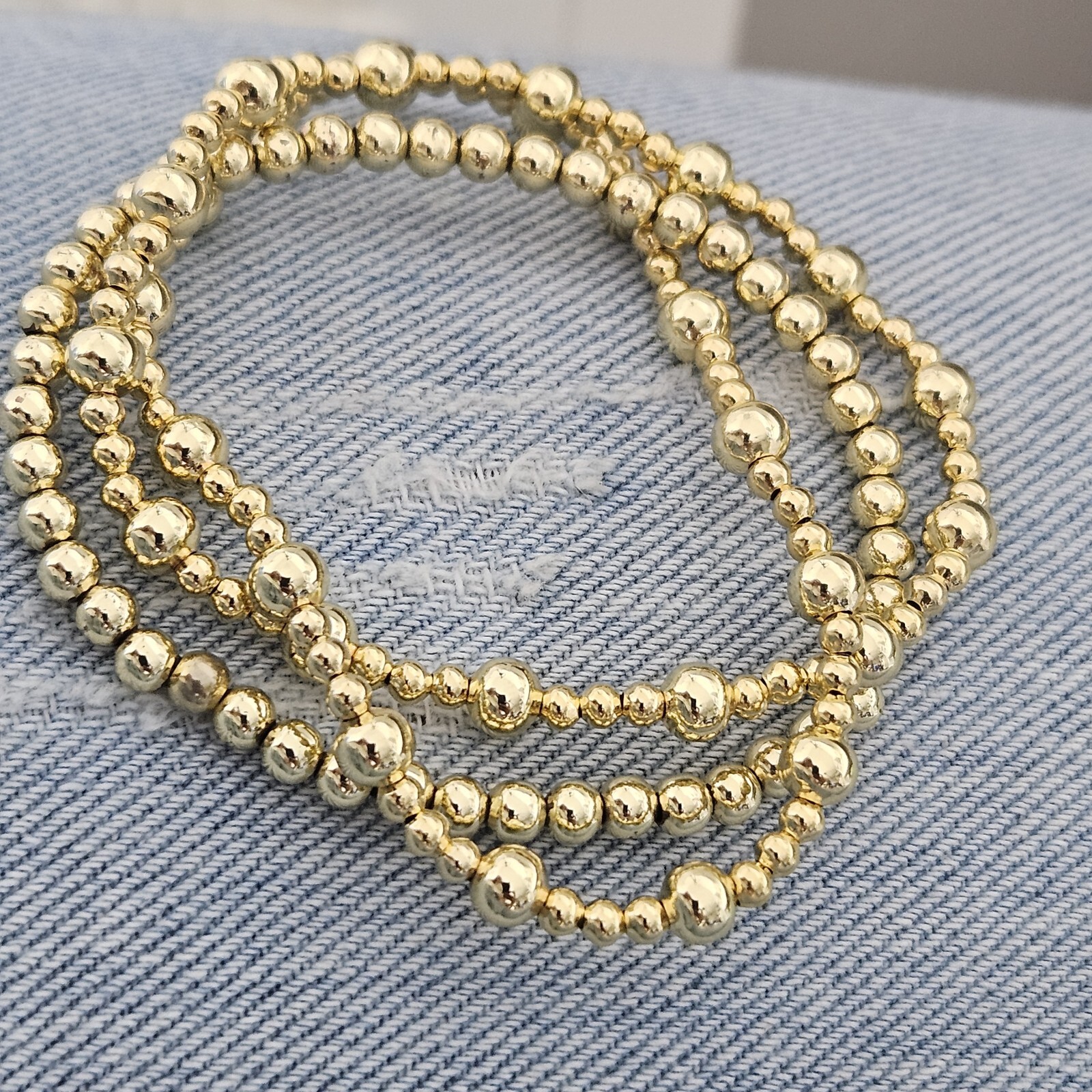 3 Piece 18k Gold Filled Elastic beaded bracelet Gold Ball bracelet