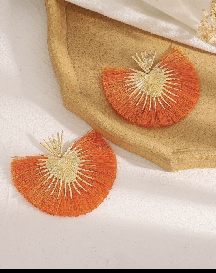 Orange Earrings Big Bohemian Boho Thread Gold Statement Earrings Large