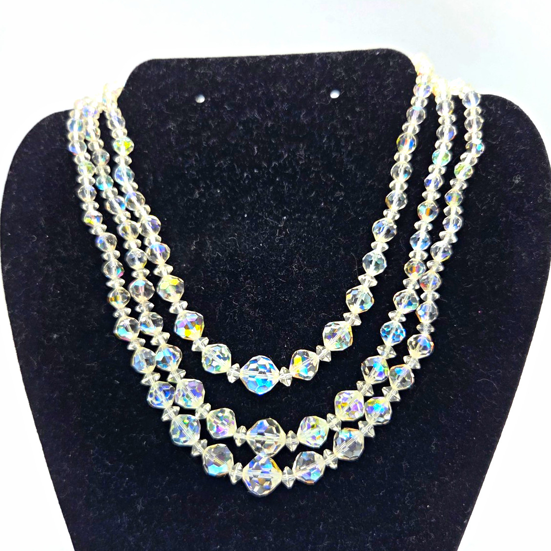 16″ Three Strand Aurora Borealis AB Crystal Vintage Necklace