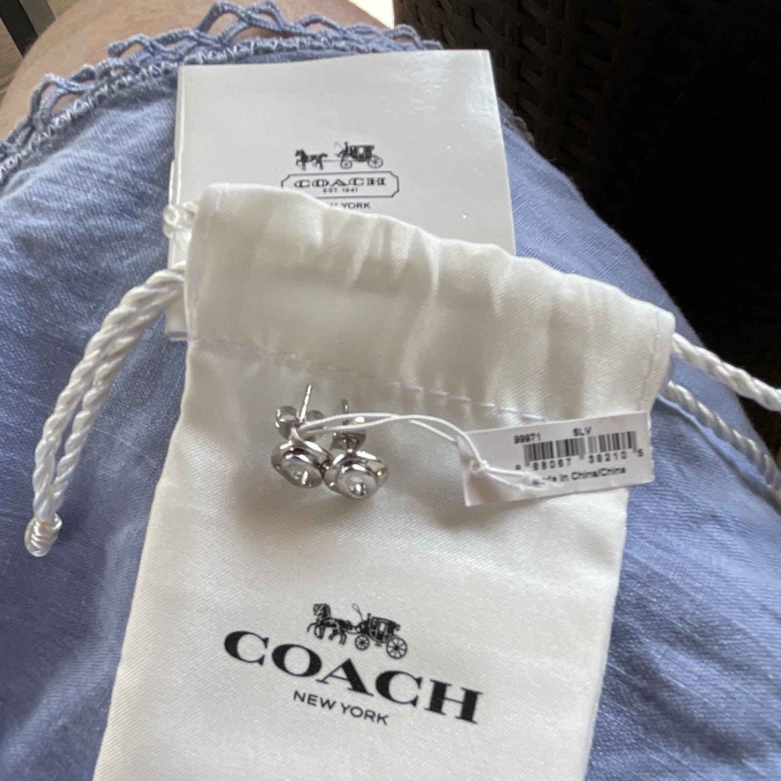 Coach Silver Tone C Logo Stud Earrings Butterfly Backs No Stone Pouch Tag