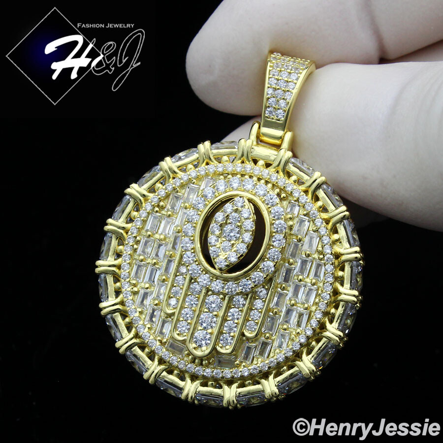 925 STERLING SILVER CUBIC ZIRCONIA GOLD PLATED EVIL EYE HAMSA ROUND PENDANT*G367