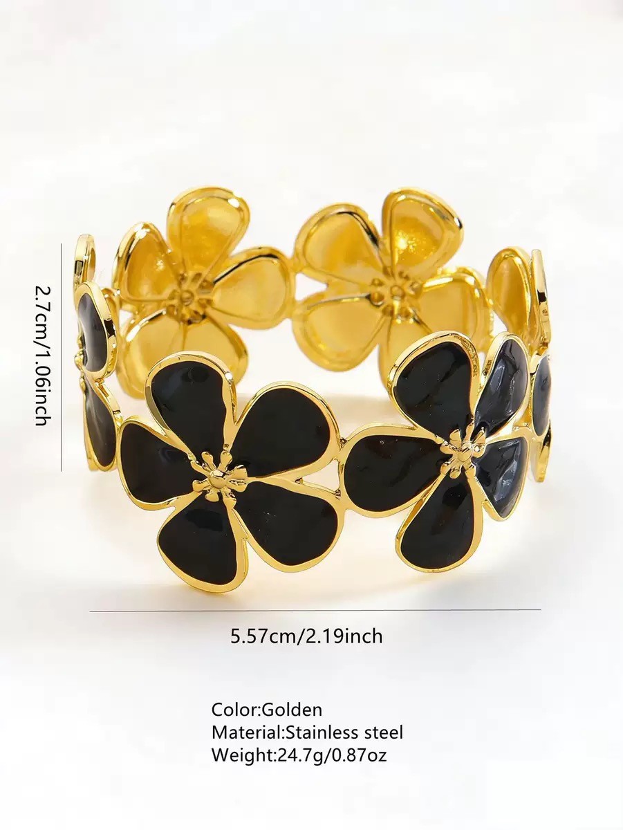 Stainless Steel Bracelet Enamel Flower Open Bangle Adjustable Classic Gift