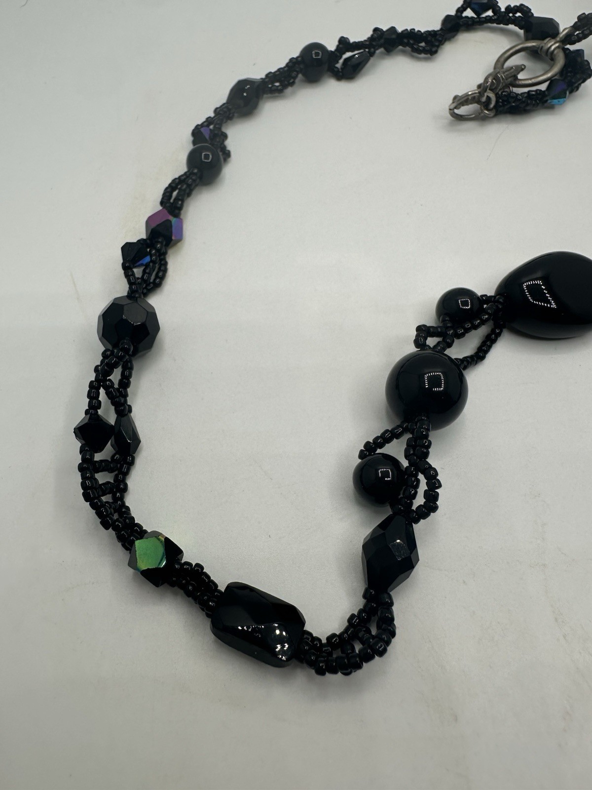 Black Beaded Statement Necklace Faceted Glass Acrylic Beads Handmade Boho Bib