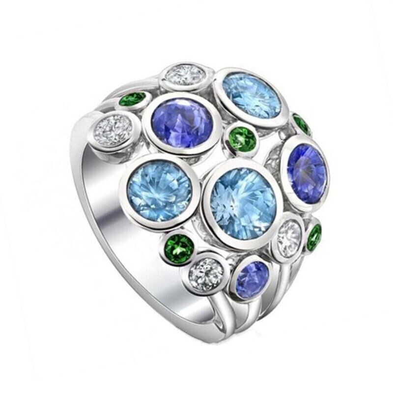 Elegant 925 Sterling Silver Blue Topaz Rhinestone Wedding Engagement Ring Size 7