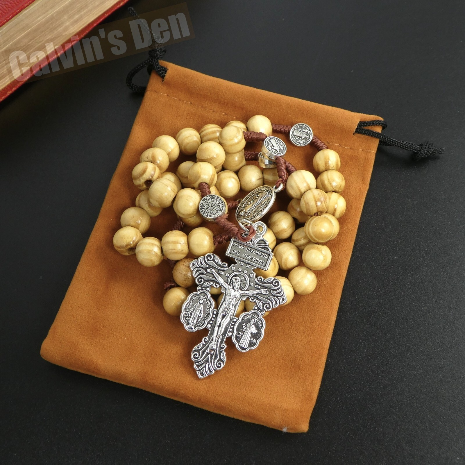 St Benedict 3-Way Pardon Crucifix Rosary Necklace Wood Bead Five Decade Cross