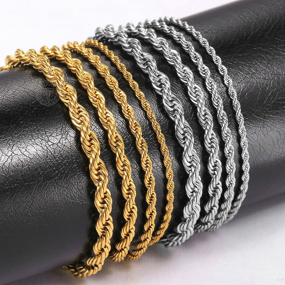 2/3/4/5mm 7inch+2inch extender Rope Chain Bracelet Mens Womens Stainless Steel