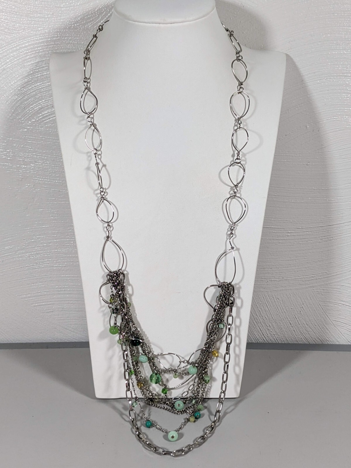 Silver Tone Green Glass Charm Multi Chain Oval Ling Long Layer Necklace 28 inch