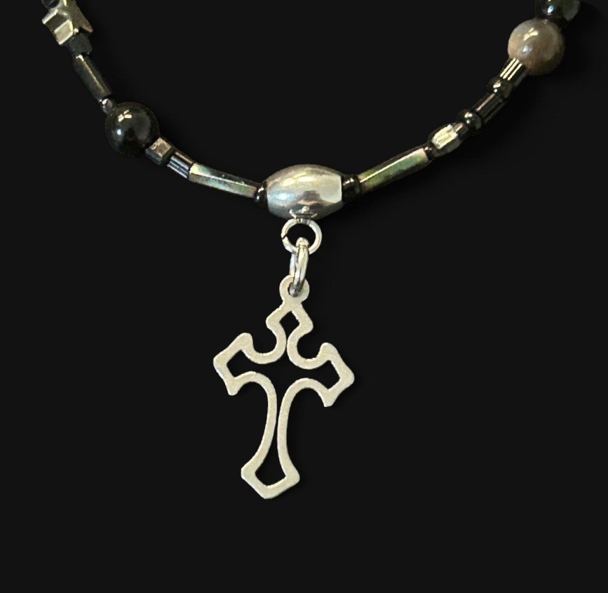 handcrafted stainless steel/black beaded cross bracelet (20cm length)