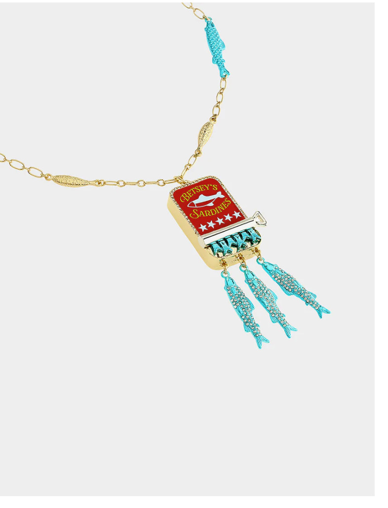 Betsey Johnson Gold Tone & Blue Betsey’s Sardine Tin Pendant Long Necklace NWT