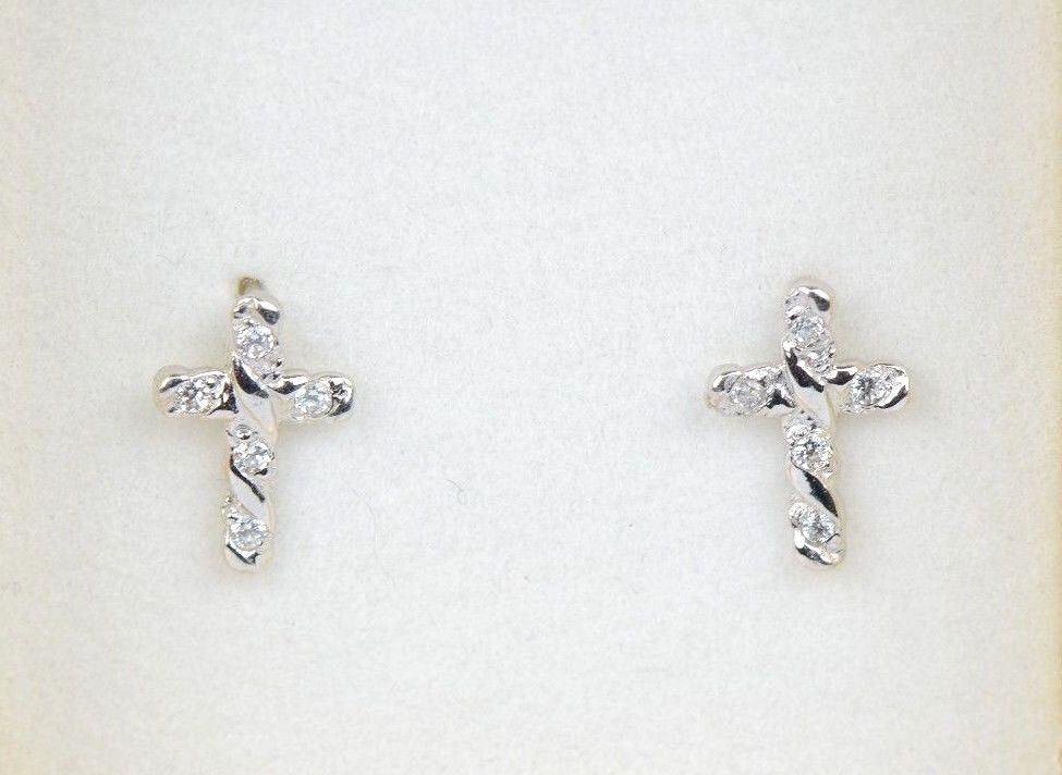 14K Yellow White Gold Cubic Zirconia CZ Cross Earrings