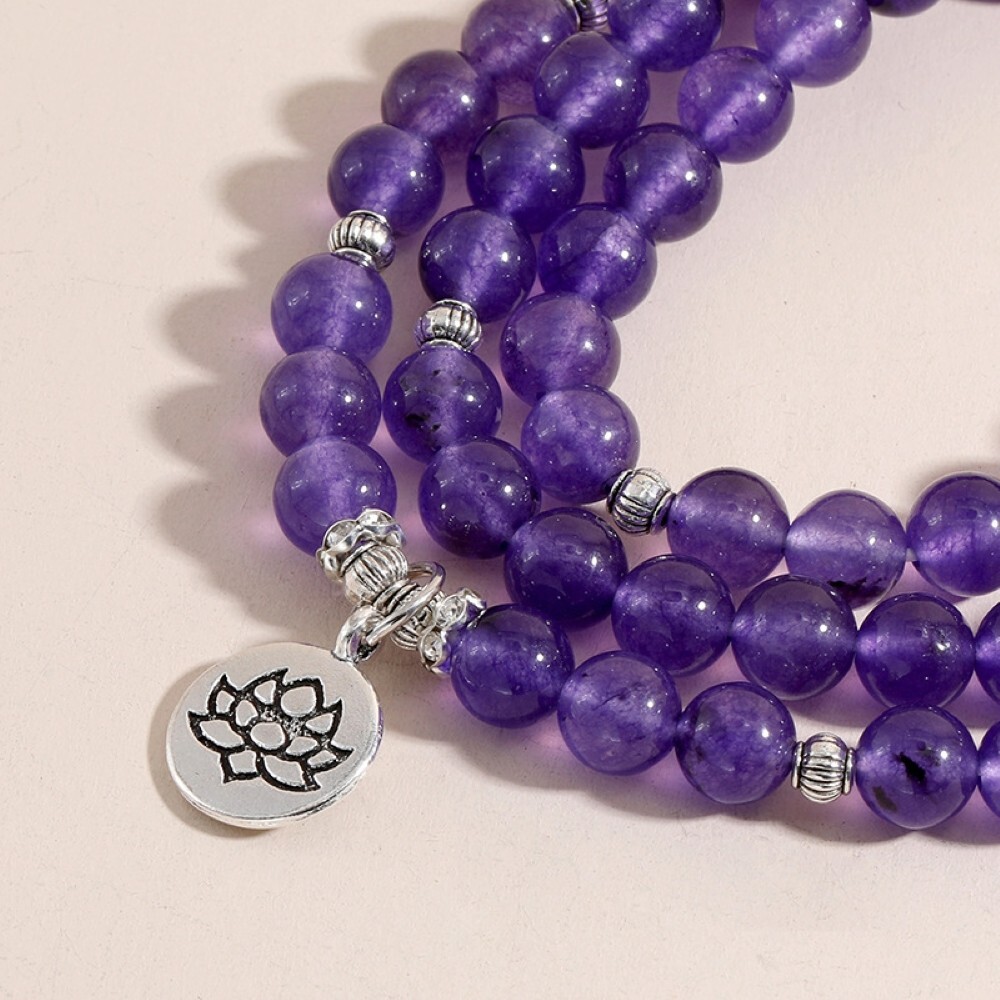 Amethyst Mala Beads 108 Necklace Lotus Charm Bracelet for Prayer Meditation Yoga