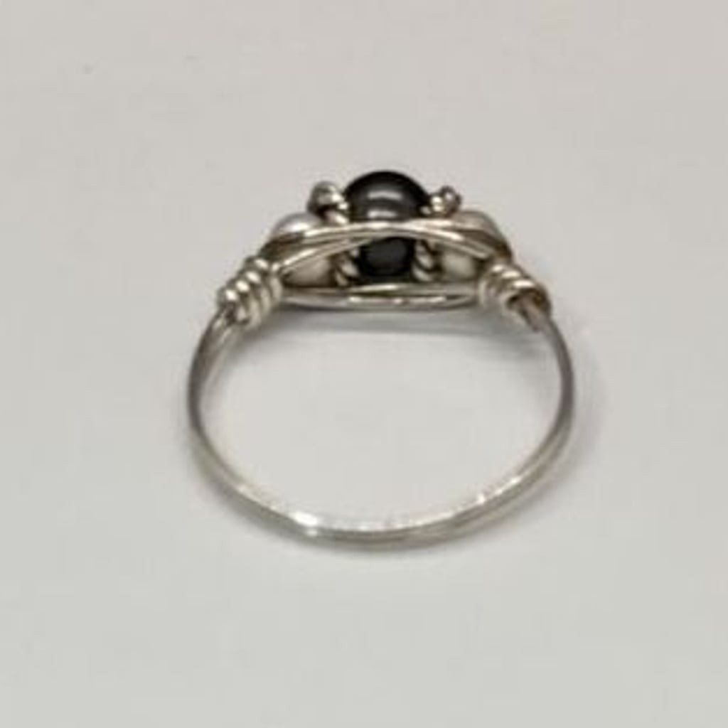 Wire Wrapped Statement Ring Dark Gray & White Faux Pearl Beads Silver Tone