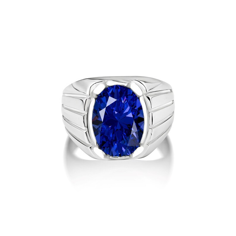 Blue oval sapphire mens ring in silver antique ring for boyfriend everyday ring