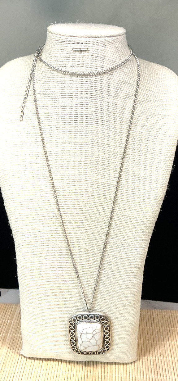 Fashion Necklace White/Brown Magnesite Stone Silver Tone Pendant Lot 101C
