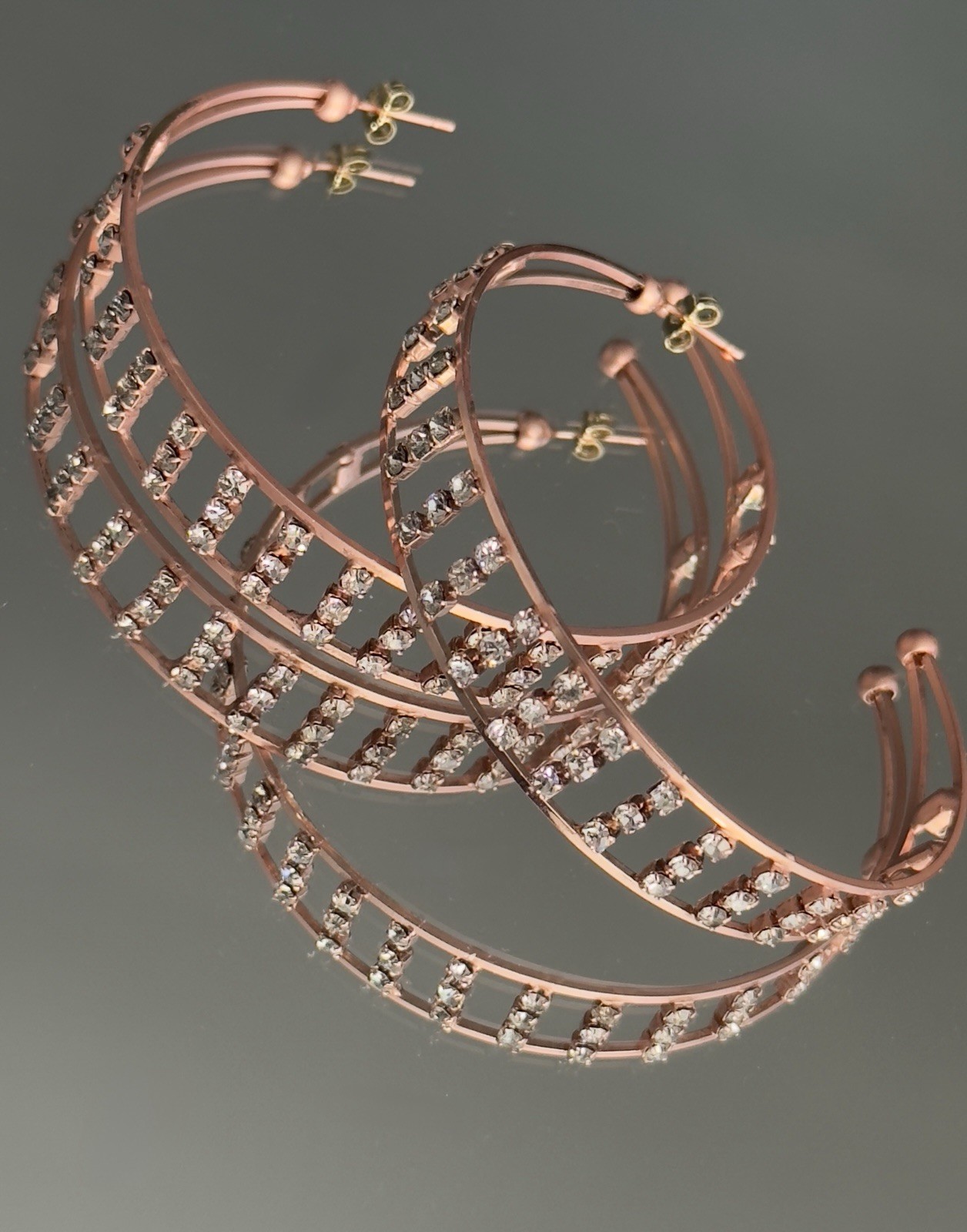 VTG Crystal Copper Hoop Paste Earrings Retro Ethnic Rose Gold Plated Rhinestone
