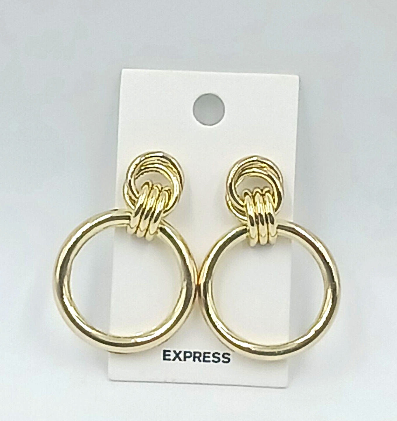 Express 1 5/8″ Thick Dangle Hoop Push Back Pierced Earrings Gold Tone Shiny New
