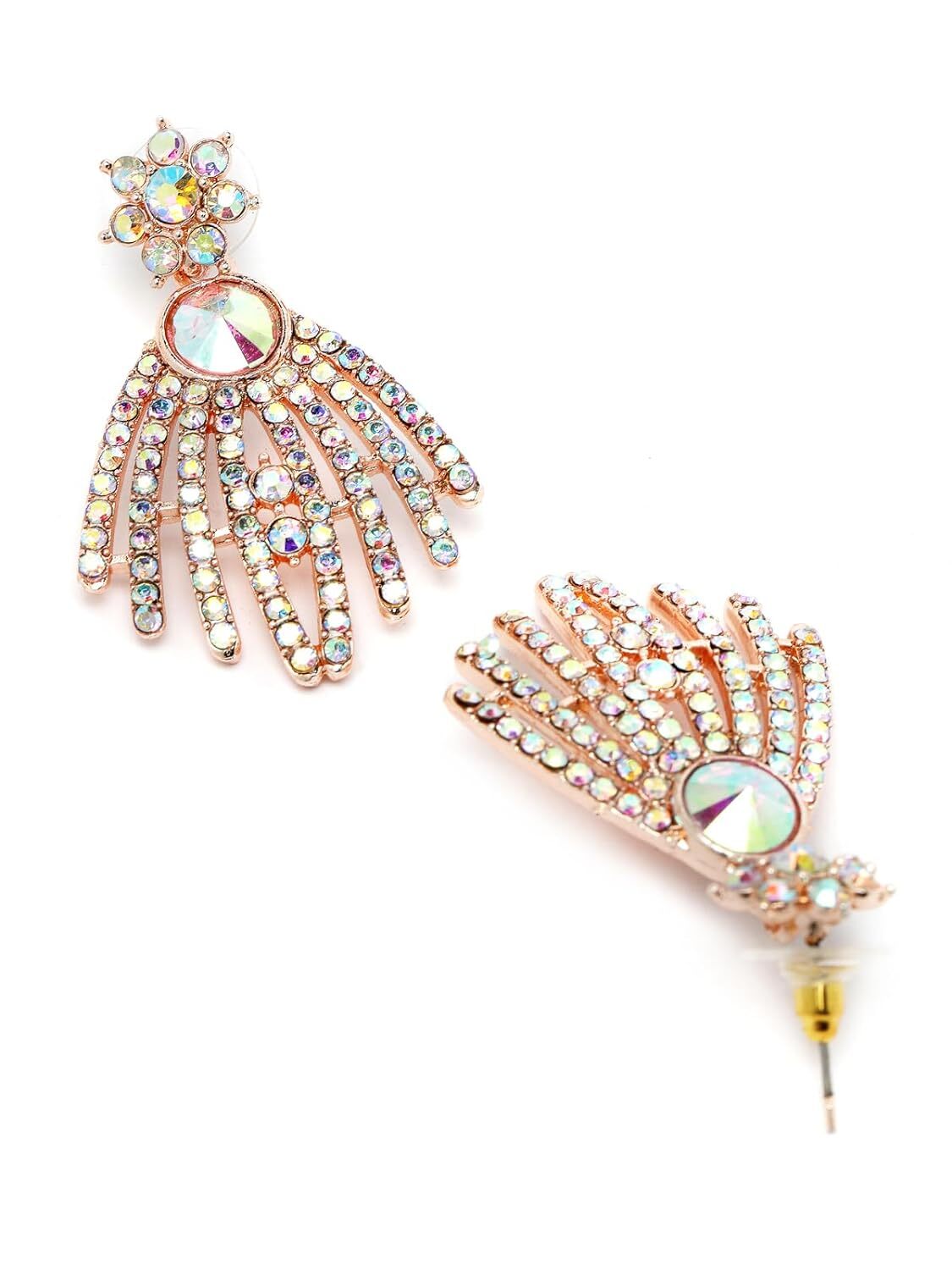 Rose Gold Plated Rainbow Stones Collar Bone Necklace Set With Earring And Maangt