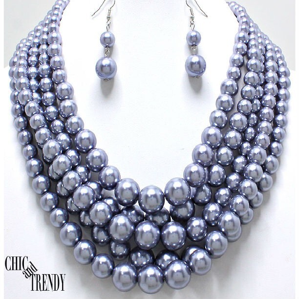 CHUNKY 5 ROW SILVER GRAY PEARL CASUAL, FORMAL, FASHION NECKLACE JEWELRY SET***
