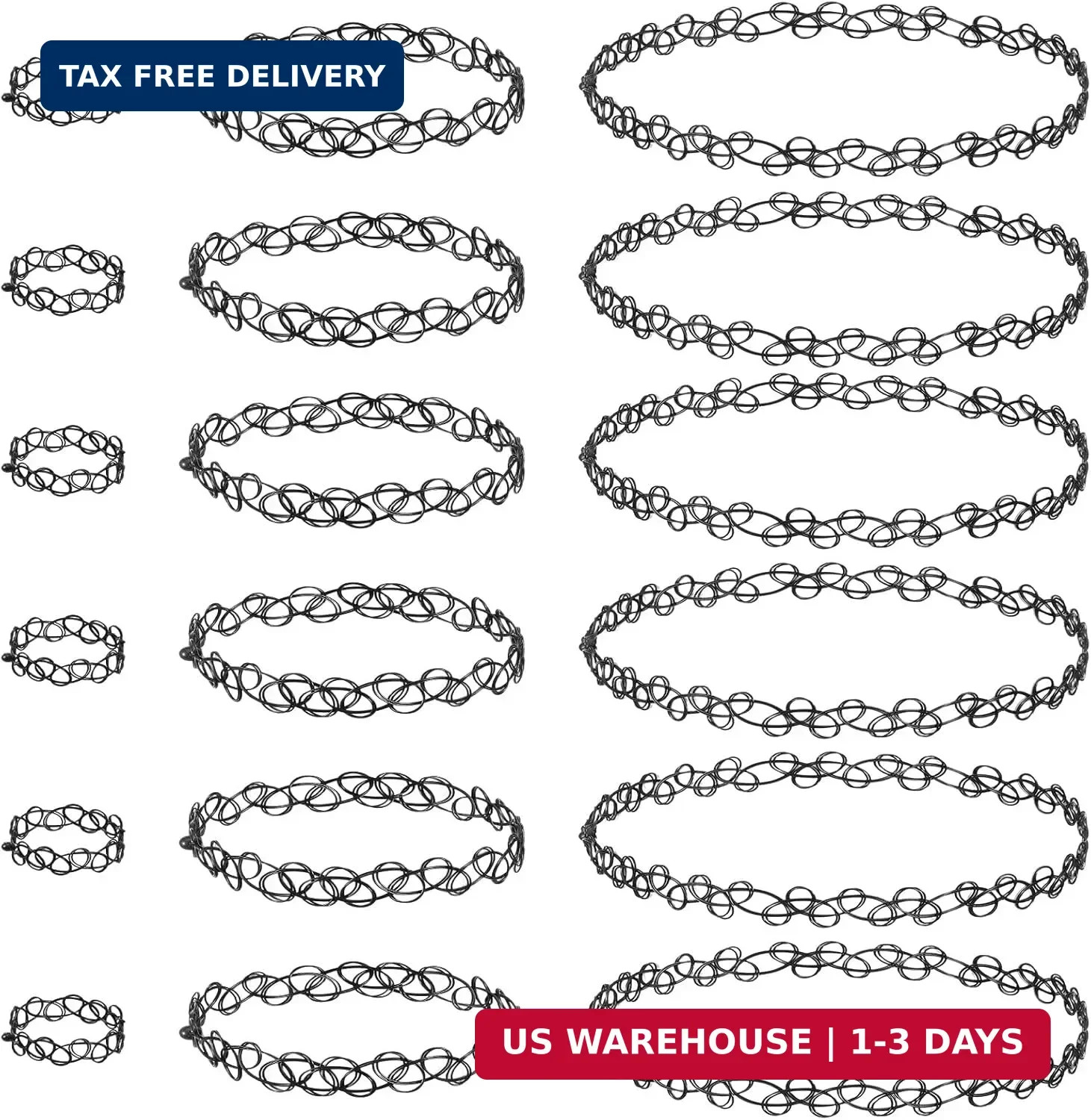 18 Pcs 90s Tattoo Choker Necklace, Bracelet & Ring Set Stretch Gothic Black Lace