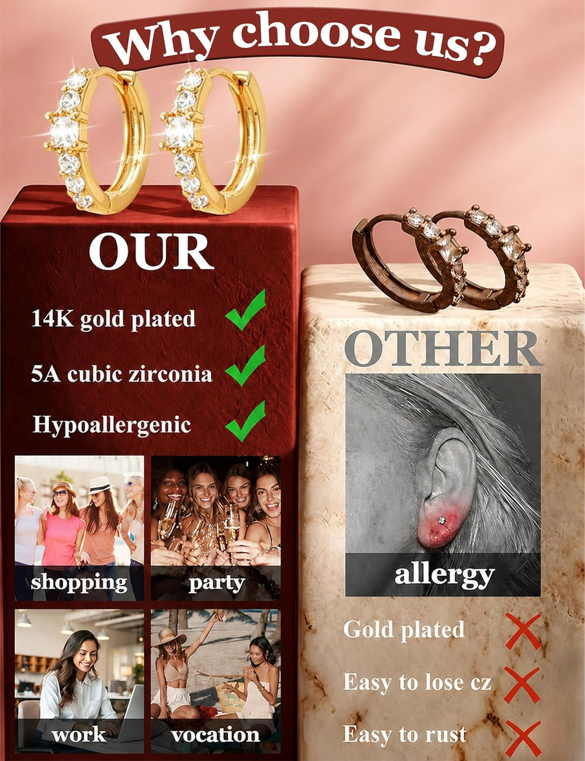 8 Pairs Gold Hoop Earrings Set for Women, 14K Gold Plated CZ Cartilage Earring f