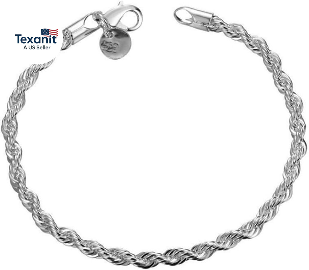 Fashion Jewelry 925 Sterling Silver 4 Mm Twisted French Rope Chain Bracelet Size