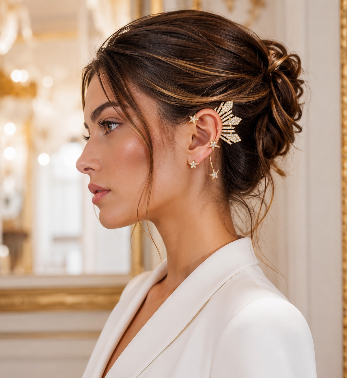 Gold Crystal Ear Cuff Earrings Star Rhinestone Bridal Ear Wrap Wedding Jewelry