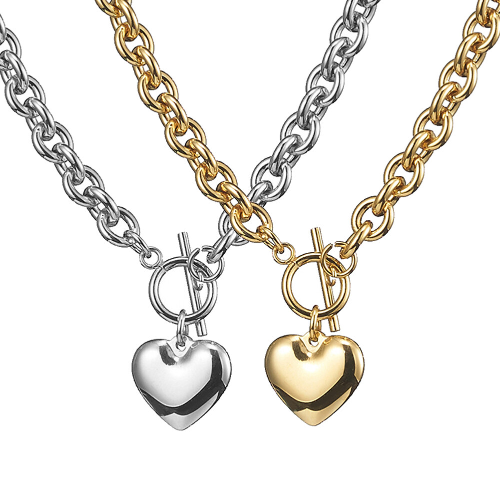 Trendy Women Stainless Steel Rolo Link Chain Necklace with Cute Heart Pendant