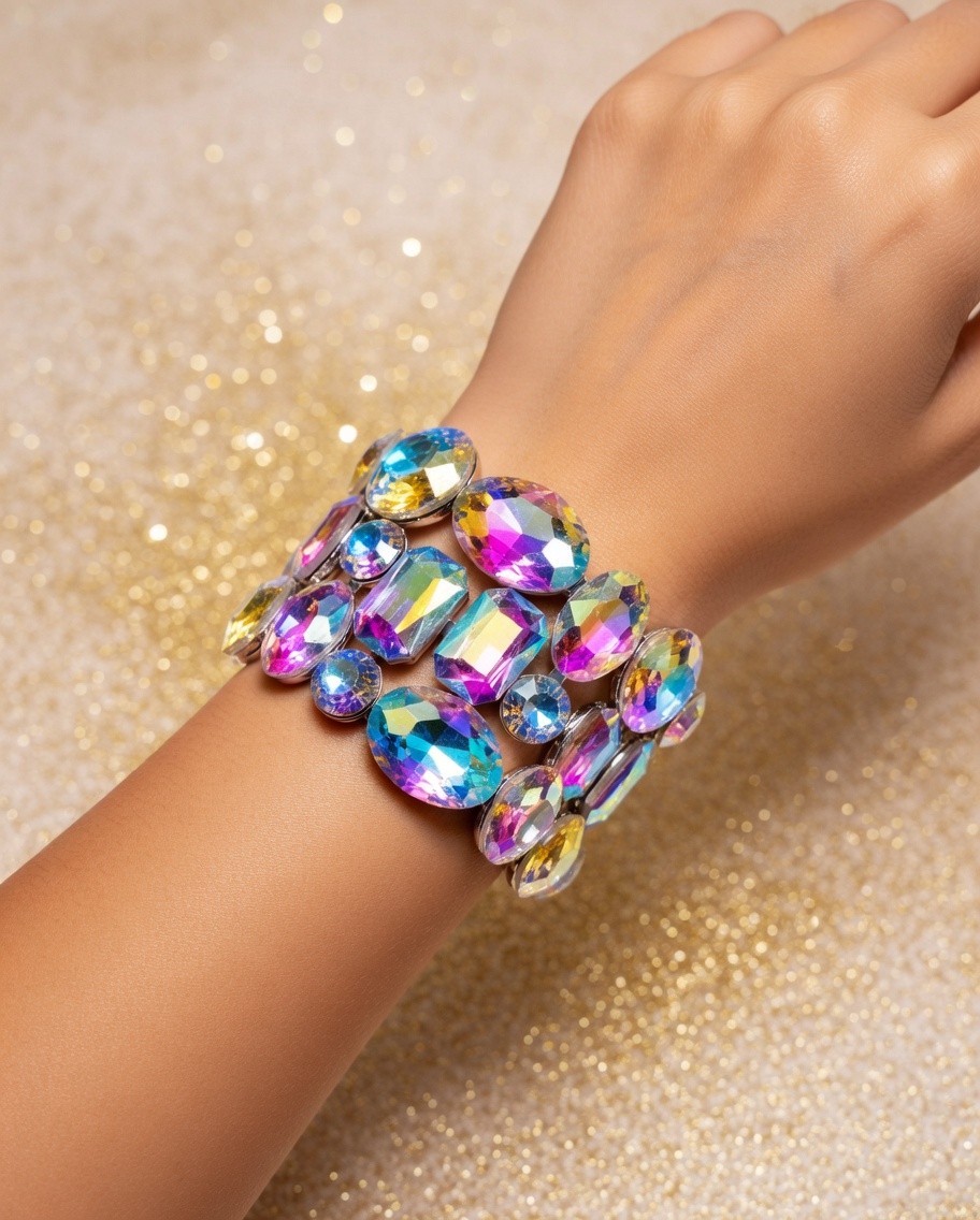 Iridescent Gold Rhinestone Stretch Bracelet Statement Drag Pageant Prom Bridal