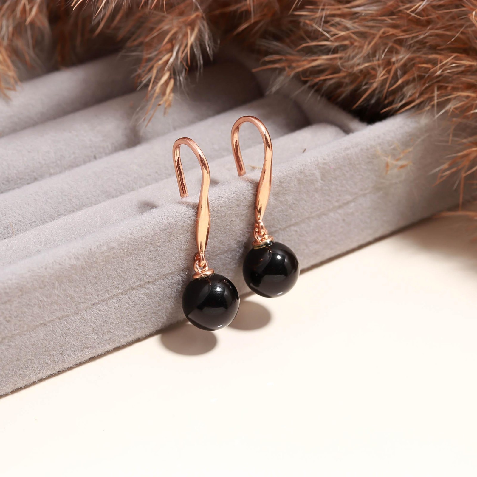 Natural Black Onyx Ball Dangle Earrings Rose Gold Plated Solid Silver Jewelry