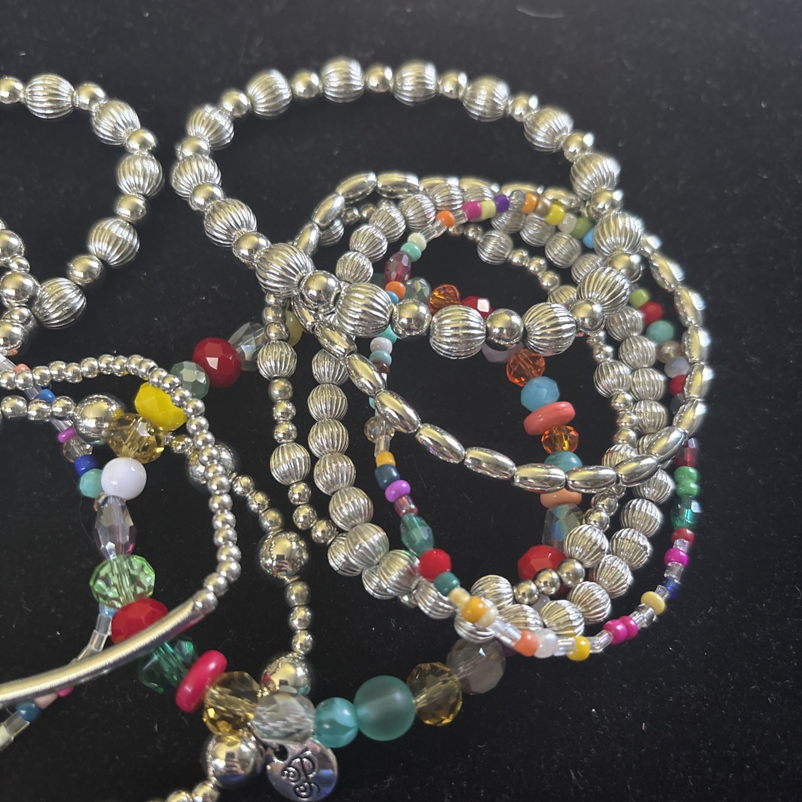 Plunder Light Weight Silver With Colorful Beaded Stretch Bracelets
