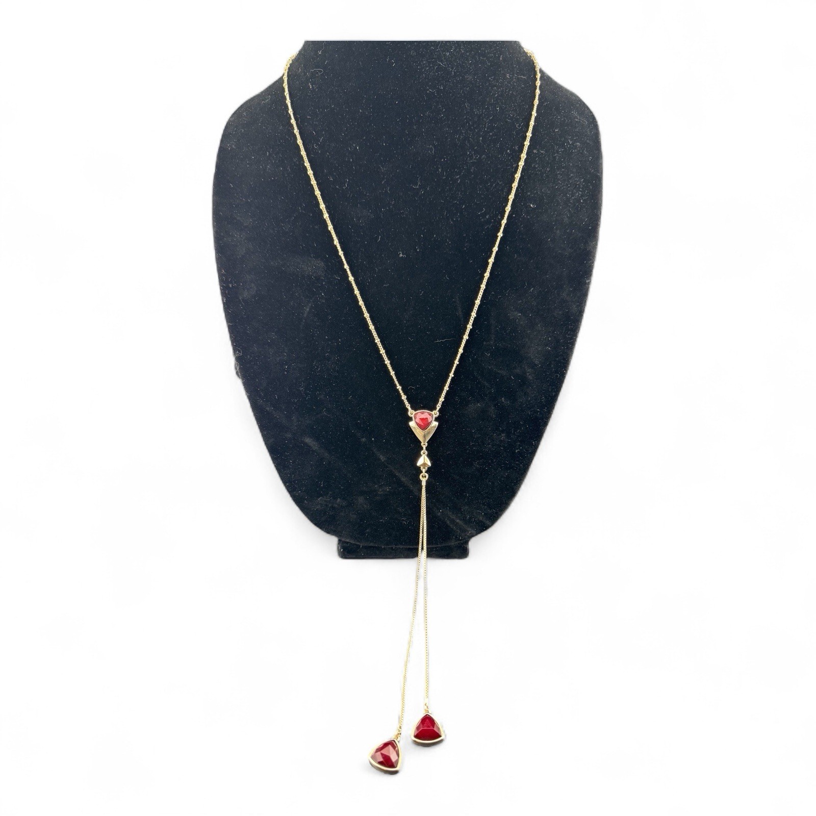 White House Black Market Gold Tone Y-Drop Necklace W/ Deep Red Rhinestone Dangle