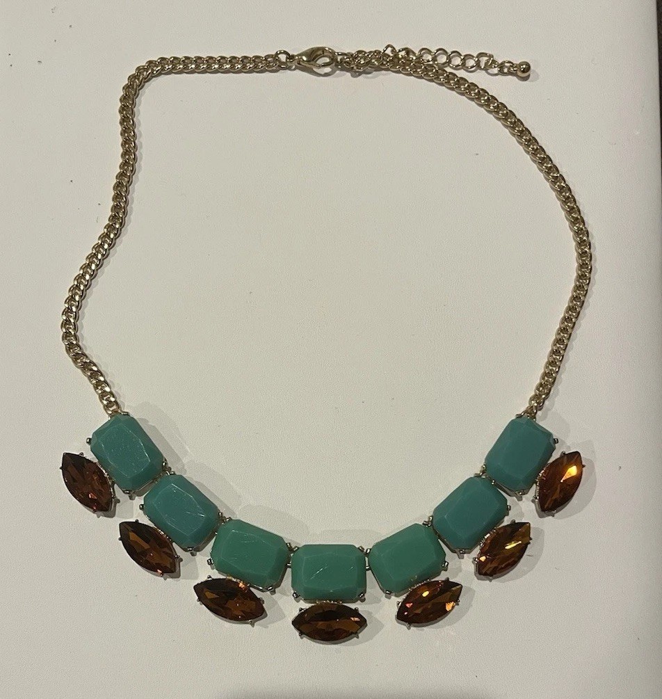 3 Bib Necklace Flower Rhinestone Enamel Black Green Statement Gold Tone 2010s
