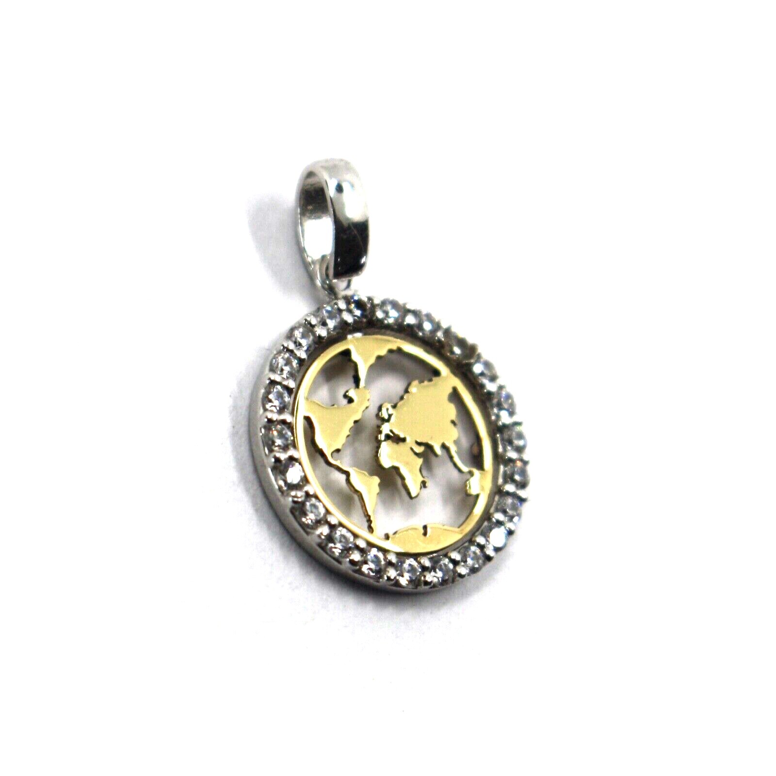 18K YELLOW WHITE GOLD SMALL14mm 0.55″ GLOBE EARTH WORLD MAP ZIRCONIA PENDANT