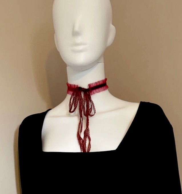 Burgundy Velvet Lace Ruffle Choker Necklace Gothic Victorian Coquette Tie Neck